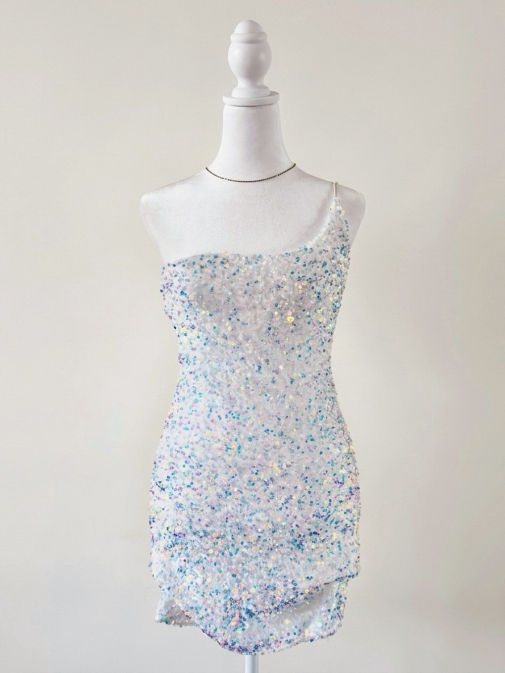 Windsor White Sequin One-Shoulder Mini Dress with Iridescent Accents